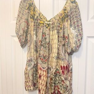 Sundance 100% Silk Boho Print Blouse XL Made in USA Peasant Top